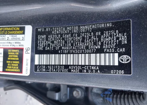 2012 Toyota Camry Le из США, поврежденный, VIN 4T1BF1FK5CU130077